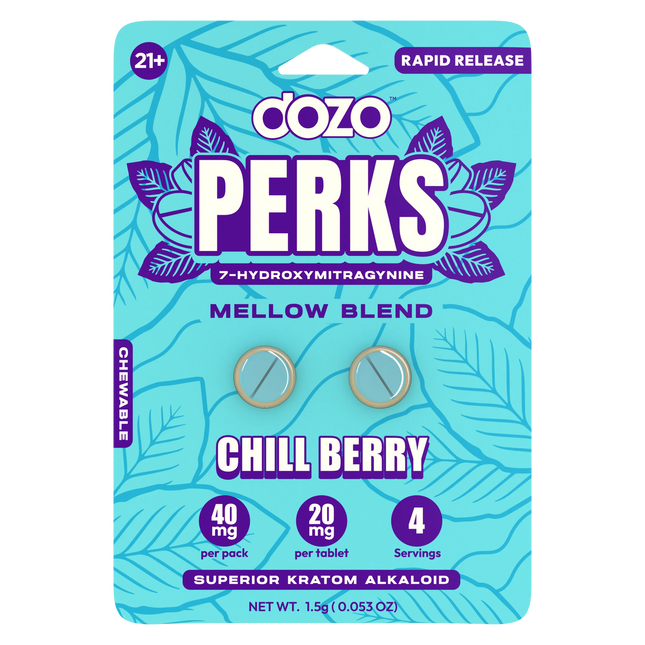 Dozo Perks Kratom Mellow Blend 7-Hydroxymitragynine - 2-pack box of 10 - Chill Berry.