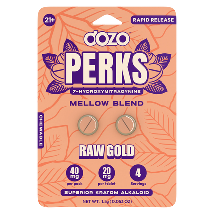 Dozo Perks Kratom Mellow Blend 7-Hydroxymitragynine - 2-pack box of 10 - Raw Gold.