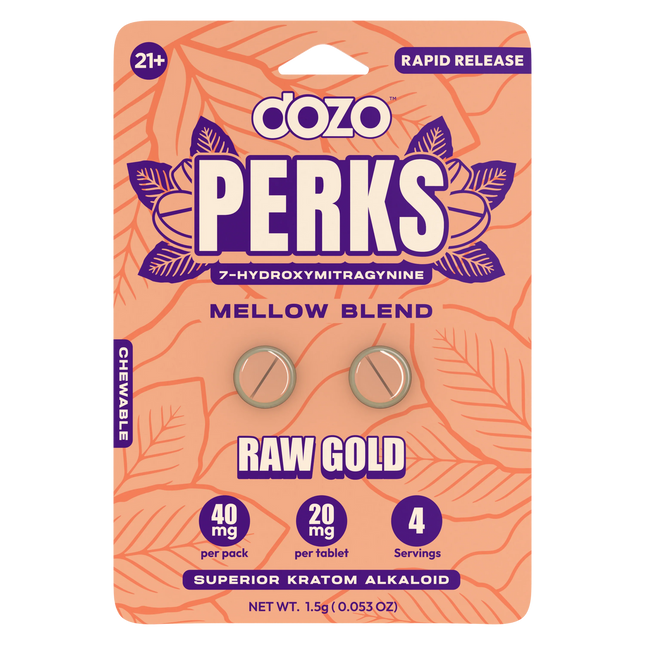 Dozo Perks Kratom Mellow Blend 7-Hydroxymitragynine - 2-pack box of 10 - Raw Gold.