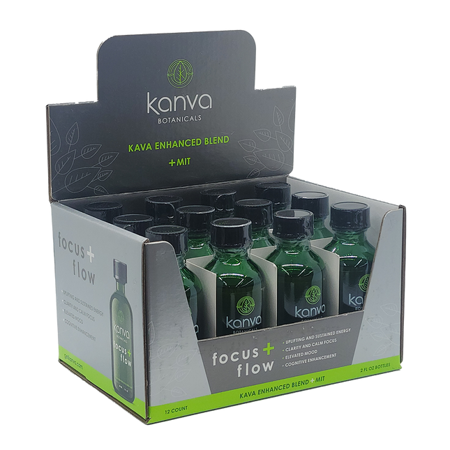 Kanva Botanicals Focus + Flow Kava Enhanced Blend + MIT - Wholesale 12 Pack (2 fl oz Bottles).